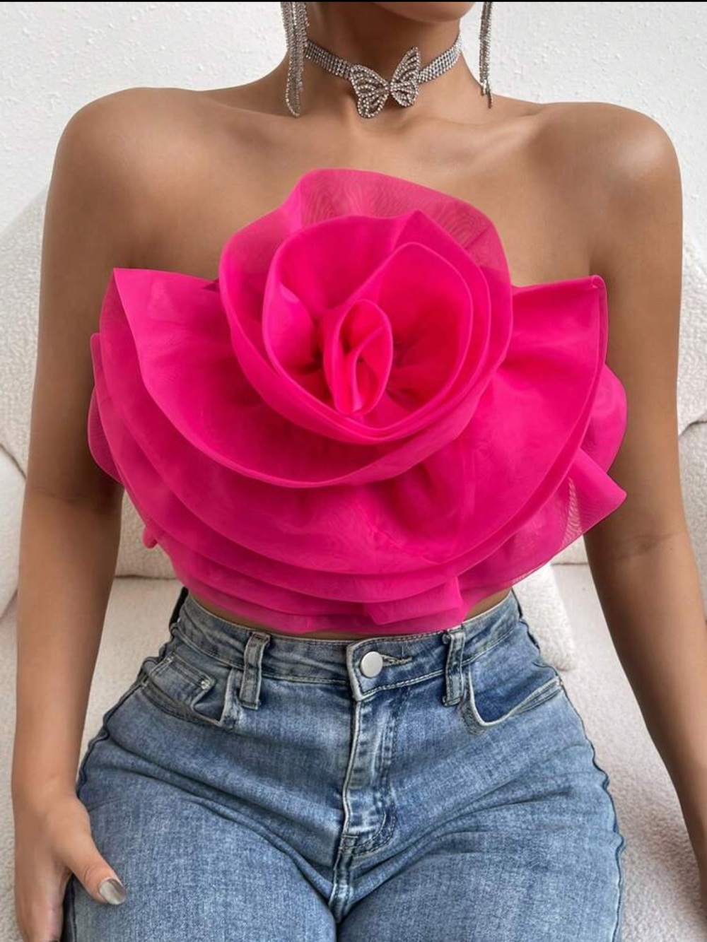 Strapless Fuchsia Ruffle Flower Crop Top